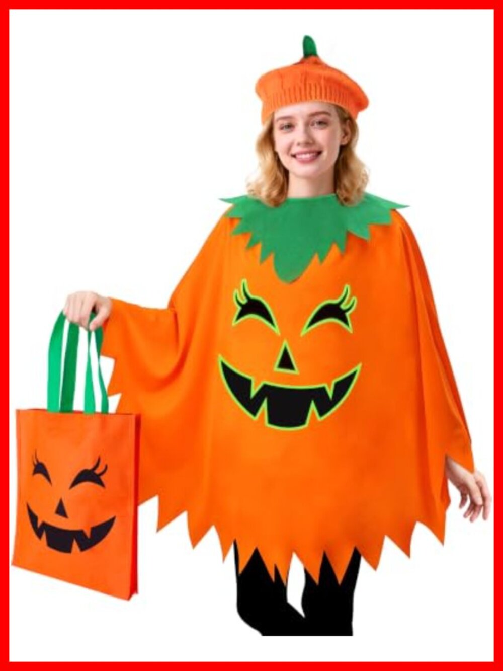 Glow in the Dark Pumpkin Poncho Costume Set Women One Size Halloween